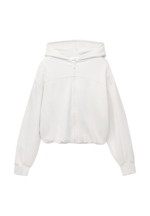 Sweatshirt à capuche blanc avec fermeture éclair, design court, manches longues et tissu texturé. Présente un panneau sur la poitrine.
