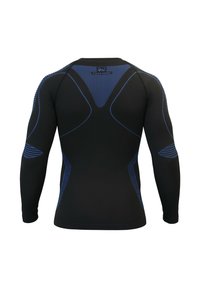 Black long-sleeve athletic shirt featuring blue stripe accents, a fitted design, and a smooth texture, suitable for active wear.
