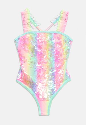 Child’s one-piece swimsuit with ruffled straps, covered in iridescent pastel rainbow sequins, against a plain white background.