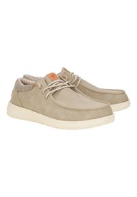 Scarpe in pelle beige con finitura liscia, punta rotonda e suola in gomma chiara. Presentano dettagli cuciti e un rivestimento testurizzato.