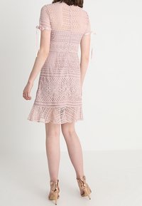 Krajková šaty v světle růžové barvě, s krátkými rukávy se stužkami, rozšířeným spodním lemem a složitými vzory po celé ploše. Nosené s metalickými podpatky.