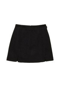 Mini-jupe noire texturée avec fentes latérales discrètes et taille droite, présentée à plat sur fond blanc.