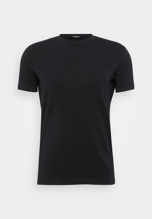 Schwarzes Kurzarm-T-Shirt aus weichem Stoff, mit einem klassischen Rundhalsausschnitt und einem nahtlosen Design mit klaren Kanten.