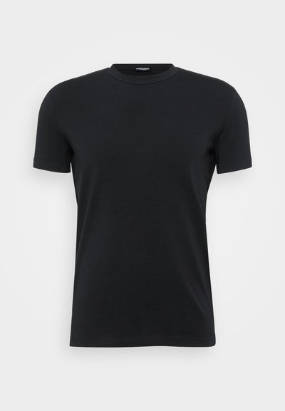 Schwarzes Kurzarm-T-Shirt aus weichem Stoff, mit einem klassischen Rundhalsausschnitt und einem nahtlosen Design mit klaren Kanten.