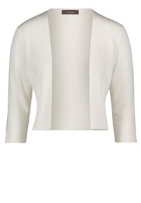 White ribbed cardigan featuring a wide open front, three-quarter sleeves, and a soft texture. Label visible at the neckline.