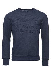 Pullover navy blue con maniche lunghe e collo a giro. Presenta testi e loghi in rilievo sulla parte anteriore e polsini e orlo a costine.