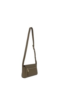 Olivengrøn skuldertaske lavet af glat kunstlæder med en forreste lynlåslomme og en lang justerbar rem.