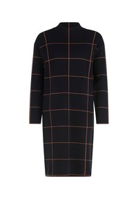 Långärmad klänning med hög hals i marinblått tyg med ett orange rutmönster. A-linjeformad med rak fåll och minimalistisk design.