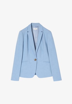 Šviesiai mėlynas švarkas, pagamintas iš tekstūruotos medžiagos, su vienu mygtuku užsegimu, atlenktais apykaklėmis ir šoninėmis kišenėmis. Tinkamas pritaikymas.