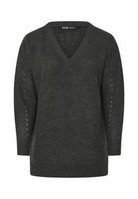 Dunkelgrauer gestrickter Pullover mit V-Ausschnitt, langen Ärmeln und offenen Details entlang der Ärmel. Weiche Textur und lässige Passform.