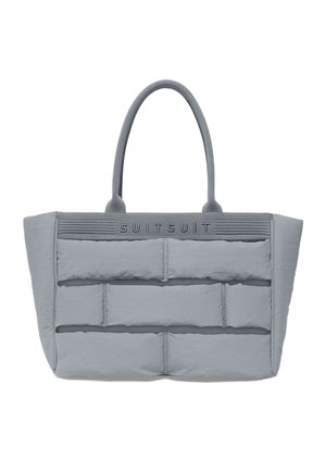 Grijze gewatteerde totebag met twee handgrepen en het "SUITSUIT"-logo geborduurd nabij het bovenste midden aan de voorkant.