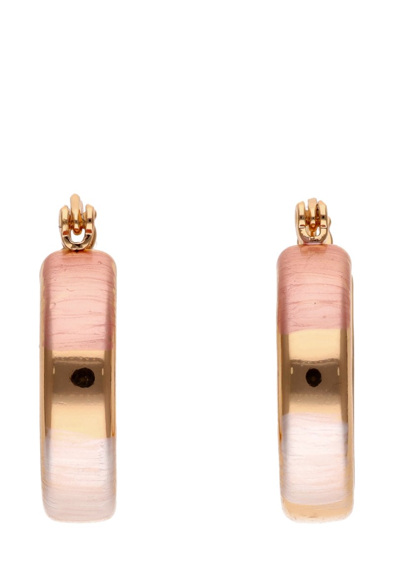 Zlaté kruhové náušnice s hladkým, gradientním povrchem v růžové a bílé barvě. Obsahují sponu pro bezpečné uchycení a lesklý povrch.