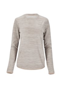 Ljusbeige långärmad skjorta med en strukturerad, randig mönstring. Rundad halslinning med sydda kanter och en subtil logotyp på bröstet.