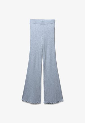 Rippierte, hellgraue, ausgestellte Hosen mit hoher Taille und gewelltem Saum. Hergestellt aus einem weichen, dehnbaren Stoff für Komfort und Bewegungsfreiheit.