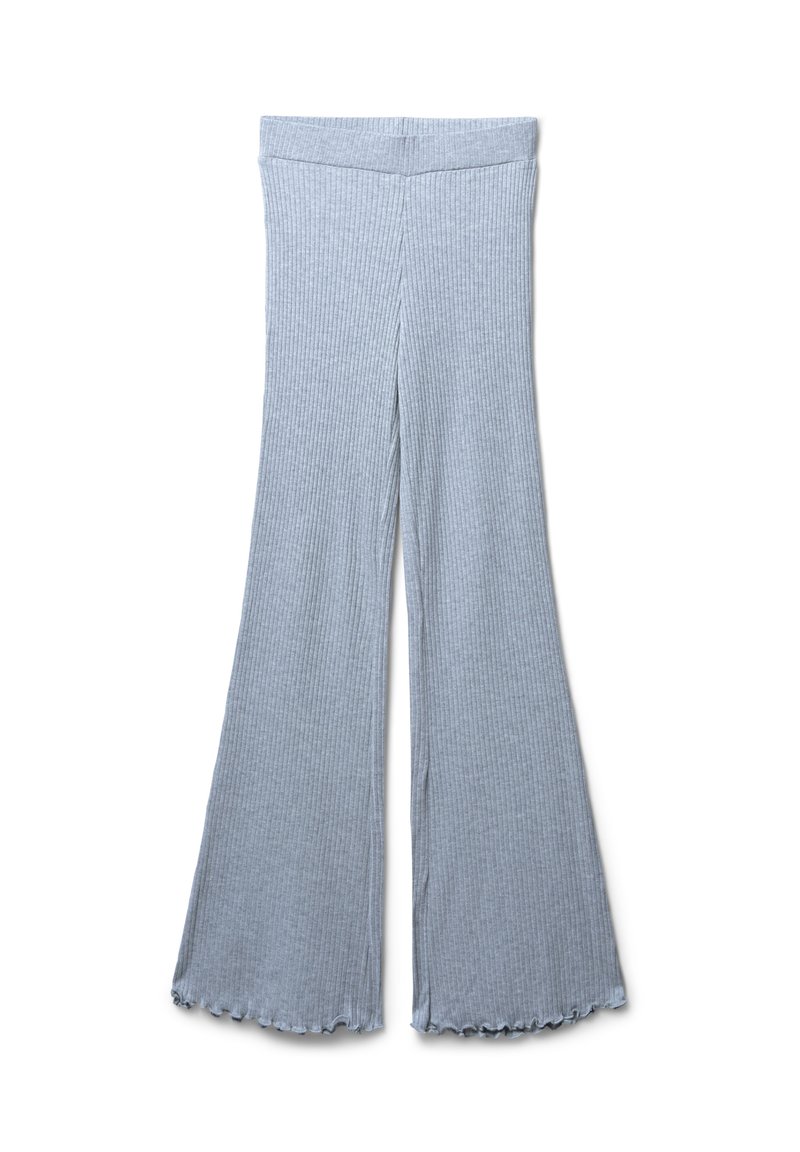 Pantaloni svasati a coste, di un grigio chiaro, con vita alta e orlo a scallop. Realizzati in un tessuto morbido e elasticizzato per garantire comfort e libertà di movimento.