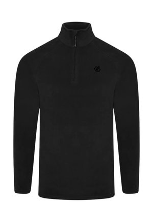 Jersey negro de manga larga con cremallera hasta el cuarto y cuello alto, con un pequeño logo en el pecho izquierdo.