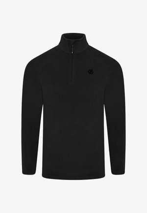 Jersey negro de manga larga con cremallera hasta el cuarto y cuello alto, con un pequeño logo en el pecho izquierdo.