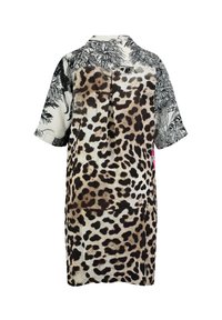 Vestido de manga corta con un diseño de estampado de leopardo y flores negras, con un corte holgado y tejido ligero. Incluye detalle de pliegue en la parte posterior.