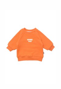 Oranges Baumwoll-Sweatshirt mit Raglanärmeln und gerippten Bündchen. Auf der Vorderseite befindet sich der weiße Text "AMORE MIO". Weicher Stoff, lässiges Design.