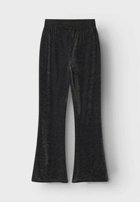 Sorte flared bukser med en glat tekstur og subtil glitrende effekt, udstyret med elastisk talje.