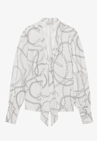 Blusa bianca con motivo a catena argentata, maniche lunghe e chiusura frontale con fiocco. Realizzata in fabric leggera con una consistenza liscia.