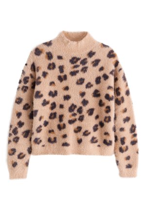 Beige, korthåret sweater med lange ærmer og et sort og brunt leopardmønster, med rund halsudskæring.