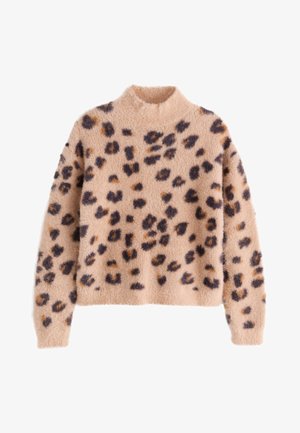Beiger, flauschiger Pullover mit langen Ärmeln und schwarzem sowie braunem Leopardenmuster, mit rundem Halsausschnitt.