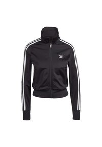 Schwarze Zip-Jacke mit hohem Kragen, weißen Seitenstreifen und adidas-Logo auf der linken Brust. Aus glattem, leichtem Material gefertigt.