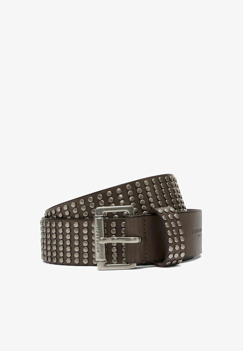 Brown leather belt with silver round studs in rows and a rectangular silver buckle engraved with "Liebeskind".