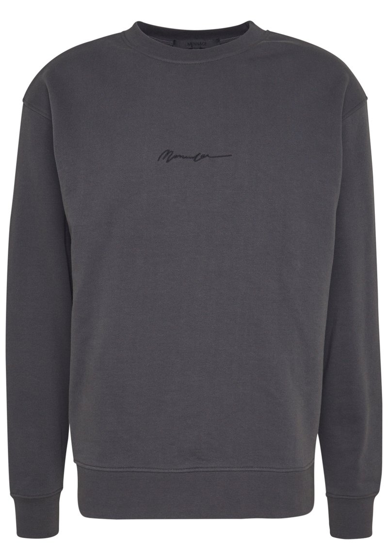 Mørkegrå crewneck-sweatshirt med lange ærmer og et lille sort broderet logo centreret på brystet.