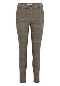 Pantalons à motif carreauté présentant des nuances de gris et de noir. Coupe ajustée avec une fermeture à bouton et des passants de ceinture. Tissu texturé.