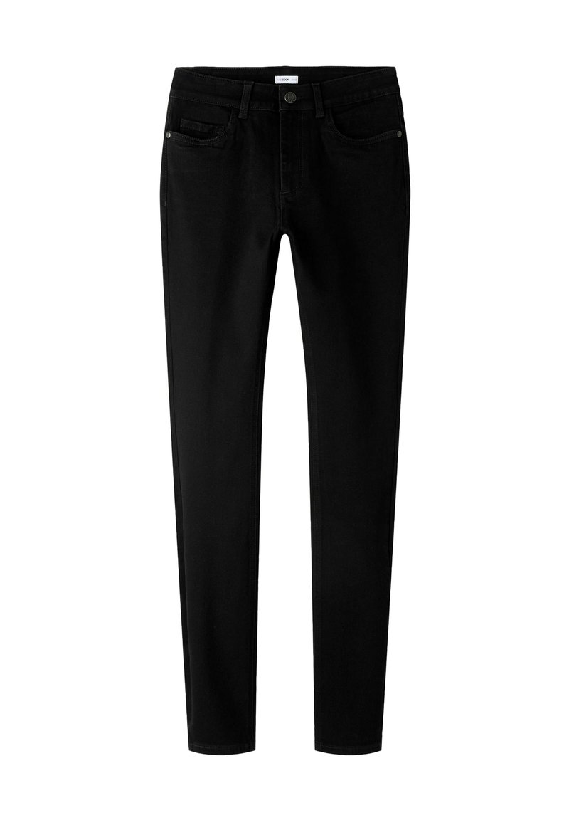 Slim-fit melnā jeans izgatavoti no denima, ar divām priekšējām kabatām, monētu kabatu un pogu aizdari. Gluda tekstūra un minimālisma dizains.