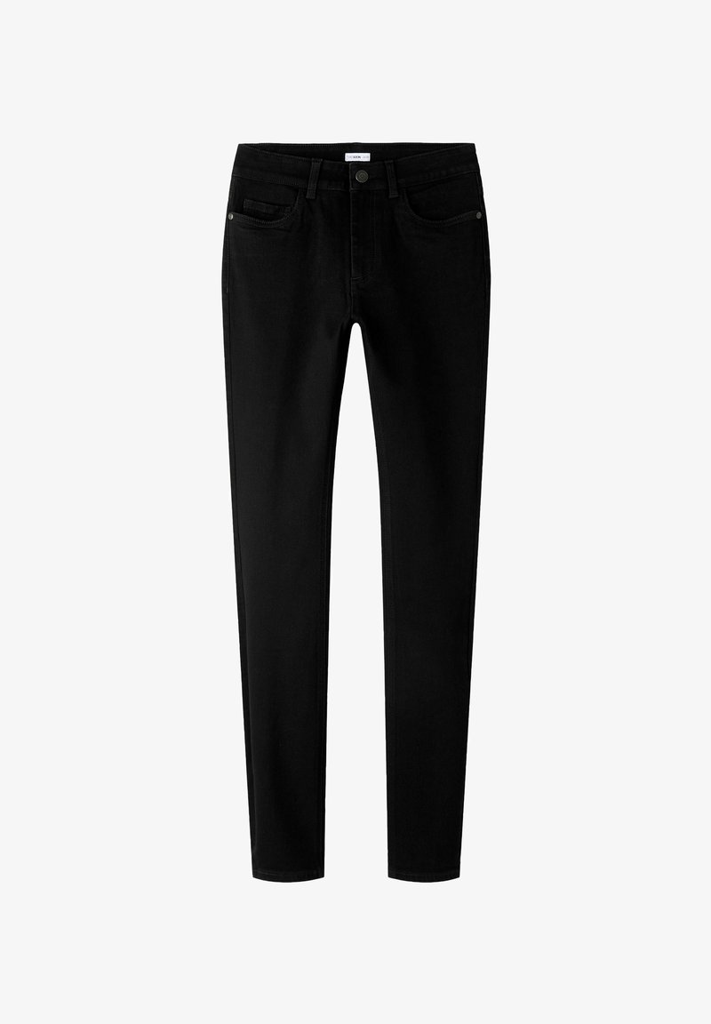 Slim-fit melnā jeans izgatavoti no denima, ar divām priekšējām kabatām, monētu kabatu un pogu aizdari. Gluda tekstūra un minimālisma dizains.