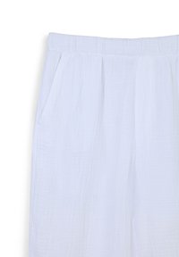 Weiße, strukturierte Stoffhosen mit einem elastischen Bund und seitlichen Taschen. Leichtes, atmungsaktives Material mit einer sanften Oberfläche.