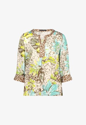 Blouse pour femme à manches trois-quarts, imprimé floral et léopard en beige, turquoise, jaune et marron, col rond avec une encoche.