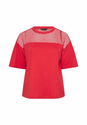Rood T-shirt met korte mouwen, ronde hals en mesh inzetstuk over de schouders en de bovenkant van de borst.