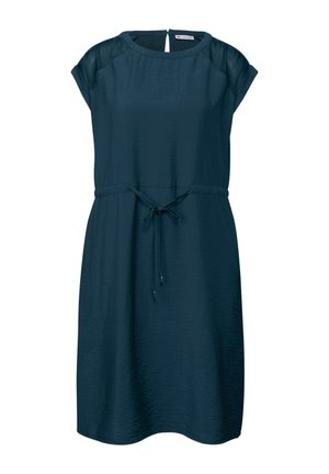 Navy blue dress with a round neckline, short sleeves, tie waist, and a subtle crinkled texture. Back keyhole opening for closure.