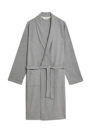 Szary, dziany szlafrok z kołnierzem typu szal, długimi rękawami, paskiem w talii oraz dwoma przednimi kieszeniami. Gładka tekstura z delikatnym wzorem.