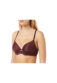 Burgundy bra with smooth, padded cups, adjustable straps, and lace detailing at the band, featuring a center clasp accent.