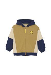Kinderen hoodie met rits in beige, mosterd en marineblauw kleurblokken, marineblauwe capuchon, voorzakken en een klein geel smiley gezichtje patch op de borst.