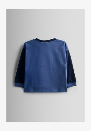 Maglia a maniche lunghe blu con girocollo, con il corpo di un blu più chiaro e le maniche di un blu più scuro. Materiale in cotone morbido con una superficie liscia.