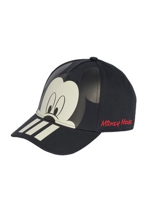 Casquette de baseball noire avec un grand visage de Mickey Mouse imprimé sur les panneaux avant et texte rouge « Mickey Mouse » brodé sur le côté.