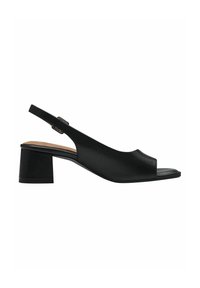 Sandale slingback en cuir noir avec petit talon bloc, bout ouvert et boucle de sangle réglable sur fond blanc uni.