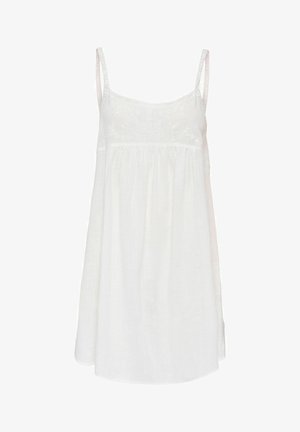 Robe d'été blanche sans manches avec fines bretelles et des détails floraux brodés subtils sur la partie supérieure de la poitrine.
