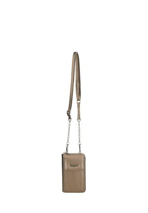 Pequeña cartera bandolera beige con cremallera y bolsillo frontal con solapa, correa desmontable con cuero y eslabones de cadena.