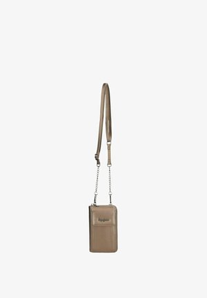 Pequeña cartera bandolera beige con cremallera y bolsillo frontal con solapa, correa desmontable con cuero y eslabones de cadena.