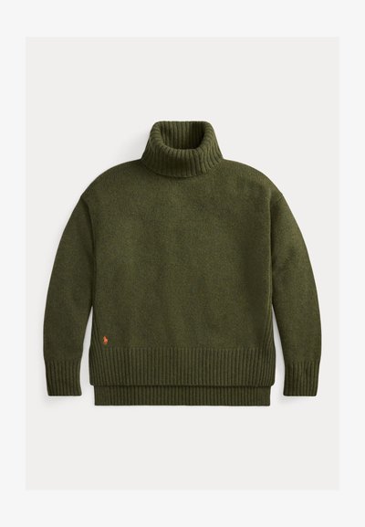 Dark green turtleneck sweater with ribbed cuffs and hem. Knitted texture, relaxed fit, featuring a small embroidered logo on the lower left.