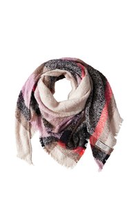 Sciarpa tessuta con un design a patchwork multicolore nei toni di rosa, nero, rosso e beige. Texture morbida e bordi frangiati.