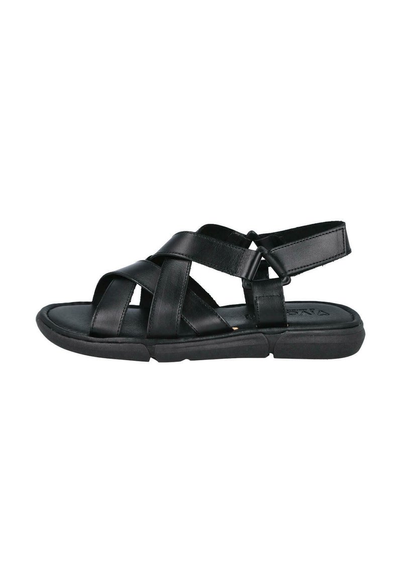 Sandalia de cuero negra con tiras entrecruzadas, suela acolchada, diseño de punta abierta y tira trasera para soporte. Construcción elegante y duradera.