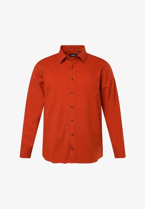 Koszula z długim rękawem w jednolitym pomarańczowym kolorze. Posiada kołnierzyk zapinany na guziki, kieszonkę z przodu oraz sześć czarnych guzików wzdłuż listwy.